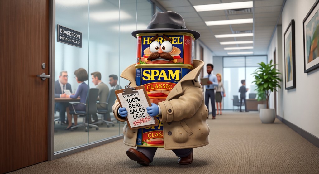 Artie, a stack of Spam cans in a trench coat and fedora, walks a corporate hallway holding a clipboard stamped 100% REAL SALES LEAD.