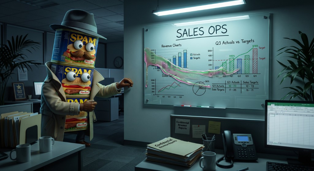Artie smears glowing pink slime across a Sales Ops whiteboard covered in revenue charts and Q3 forecast data.