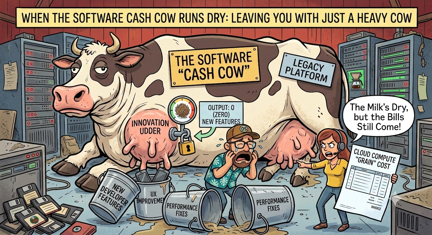 Cartoon of developers struggling with an exhausted cow whose Innovation udder is dry