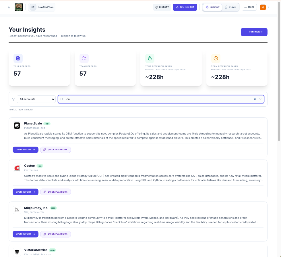 Search by company and filter by engagement to pull up historical insights in seconds.