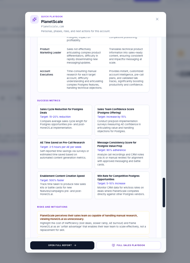The 30-second pre-call skim—the Quick playbook modal on desktop or mobile.